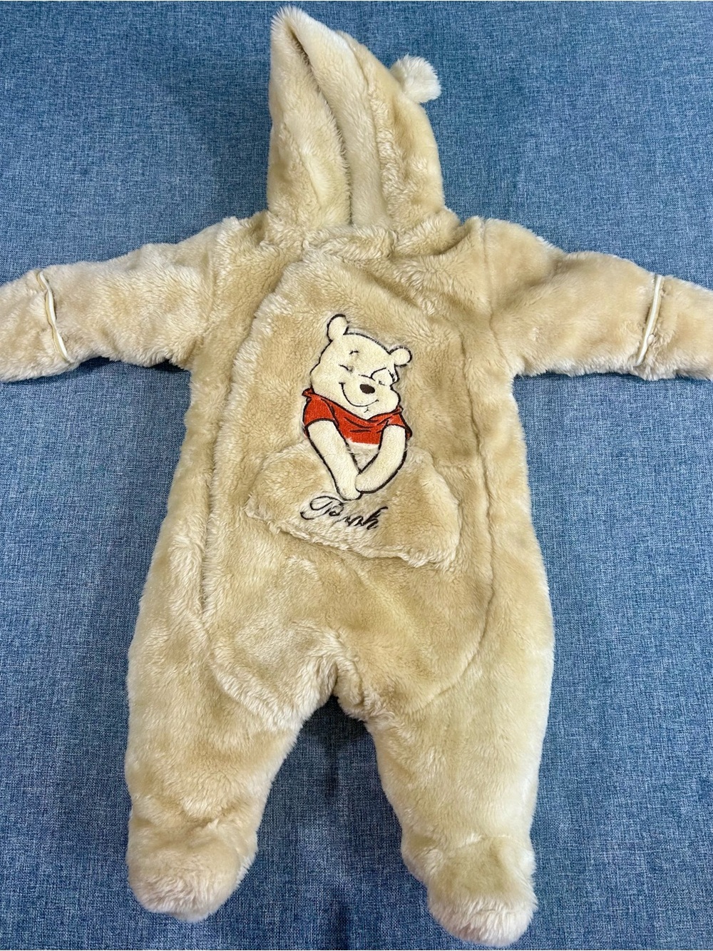 Disney Beige Plush Winnie the Pooh Hooded One-Piece Snowsuit with Red Accent